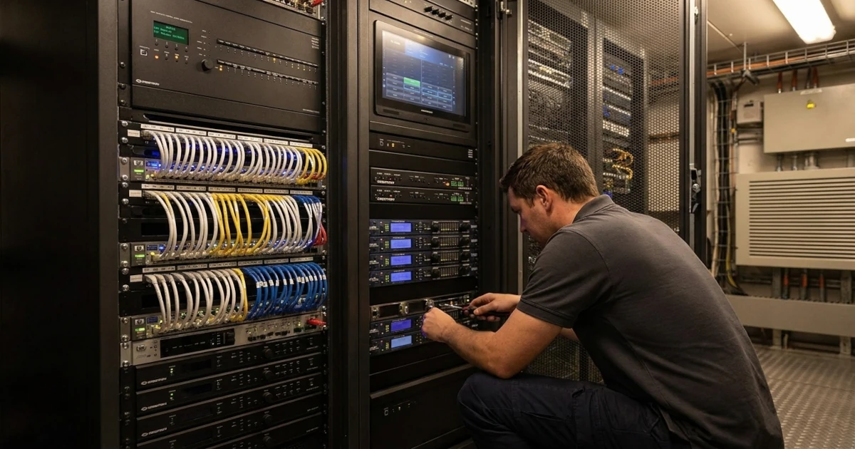 AV/IT Officer working on a rack of network and audio equipment in a superyacht technical space