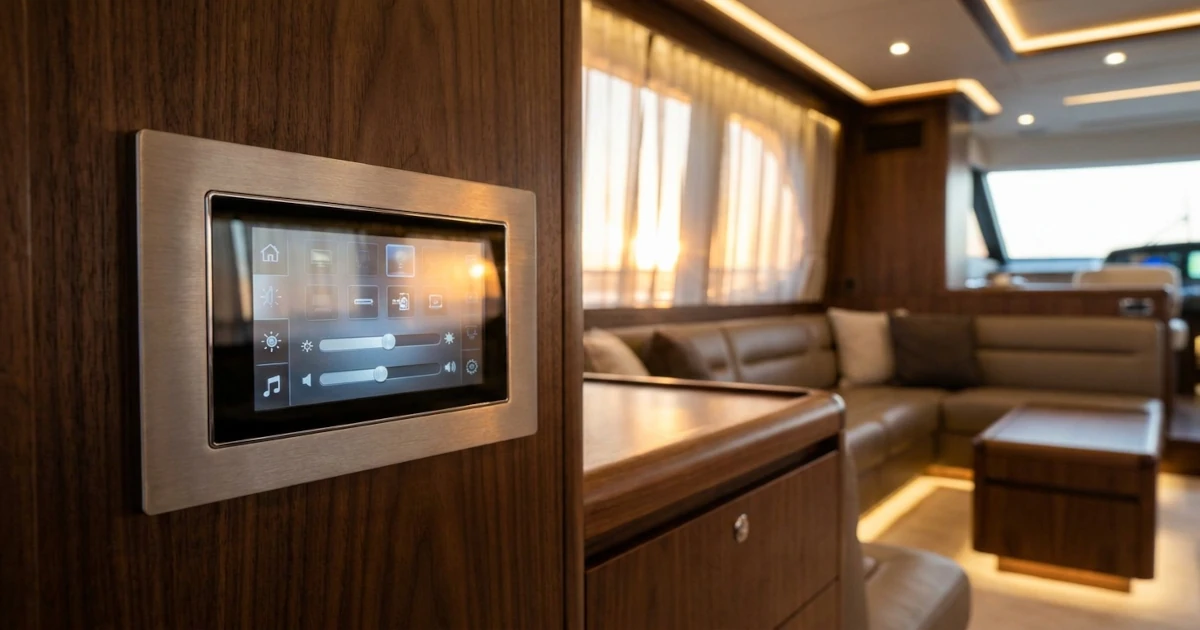 Control system touch panel mounted in a superyacht saloon showing lighting and entertainment controls
