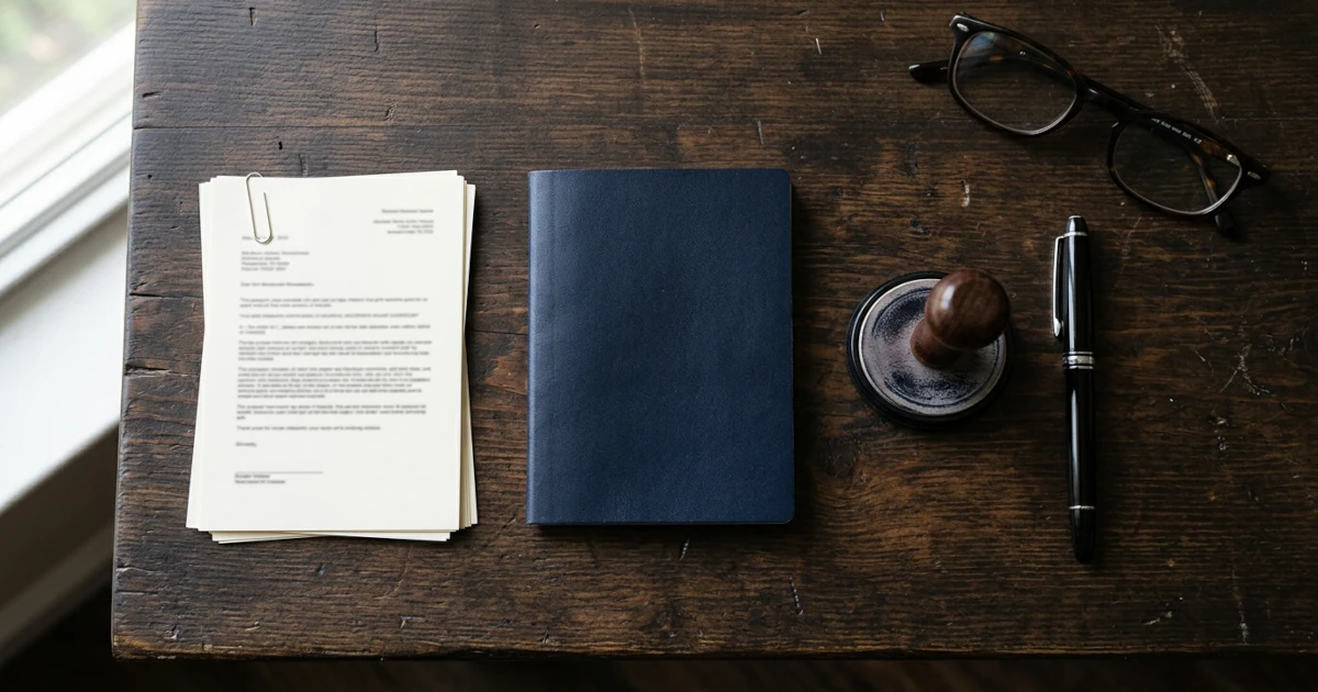 A navy passport, printed documents, a stamp and a pen laid out on a wooden desk
