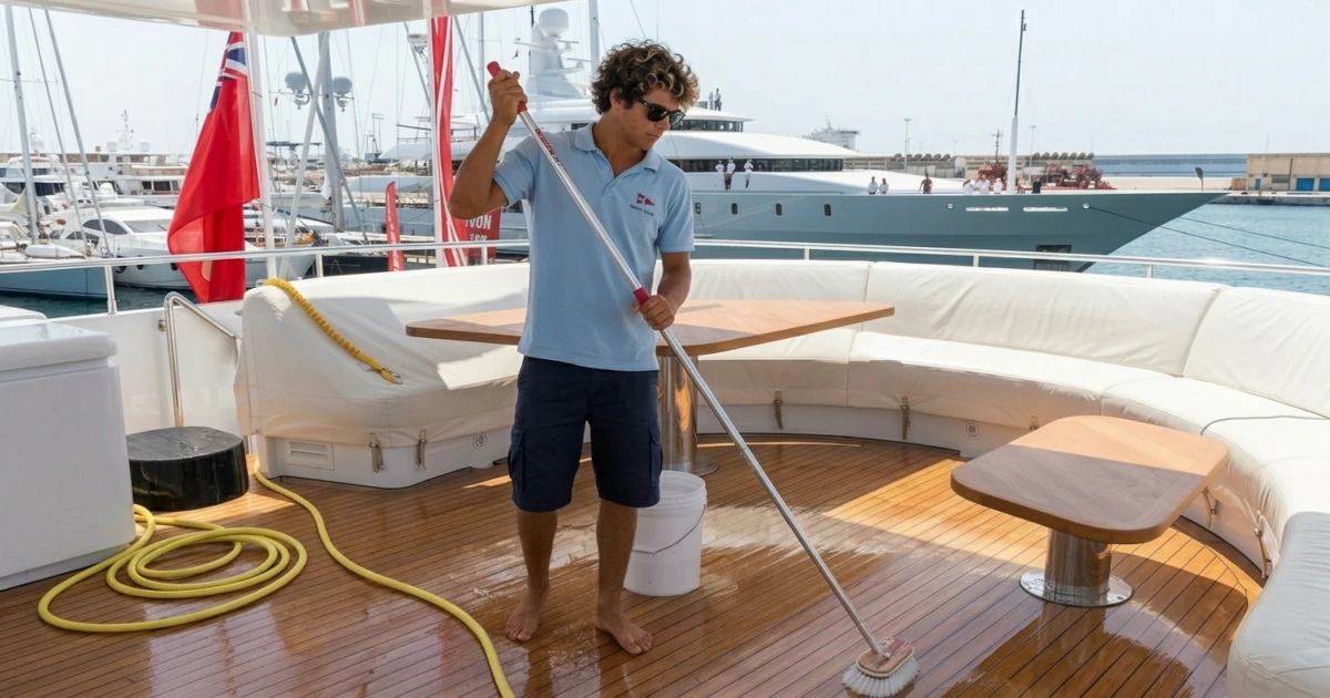 Deckhand washing down the side deck of a large motor yacht in the morning