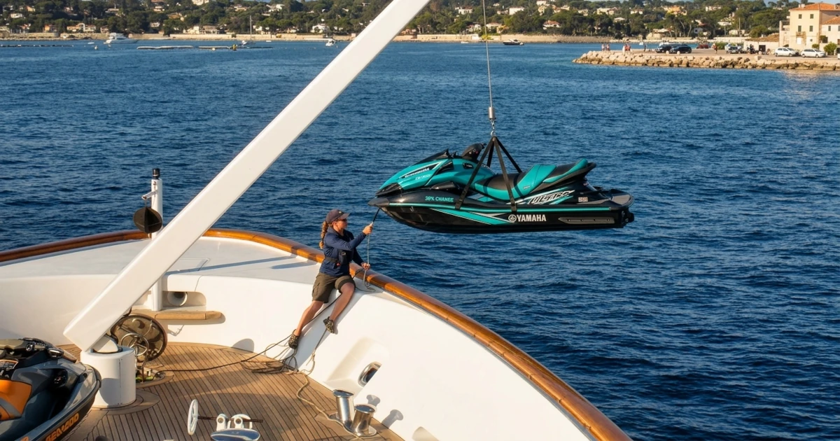 A deckhand launching a jet ski over the side using the yacht's deck crane