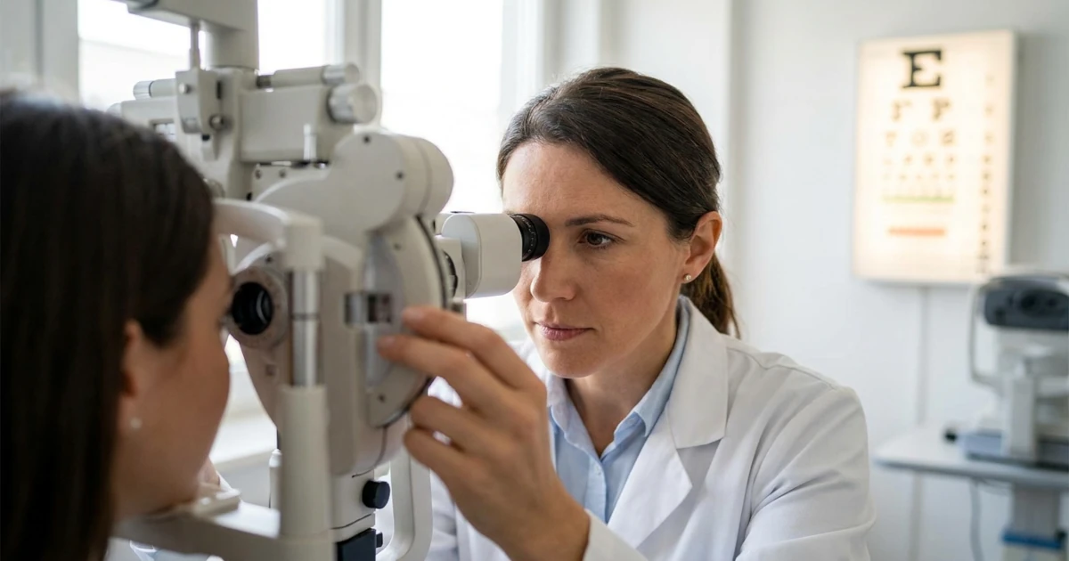 Doctor checking a patient's eyesight during a seafarer medical exam