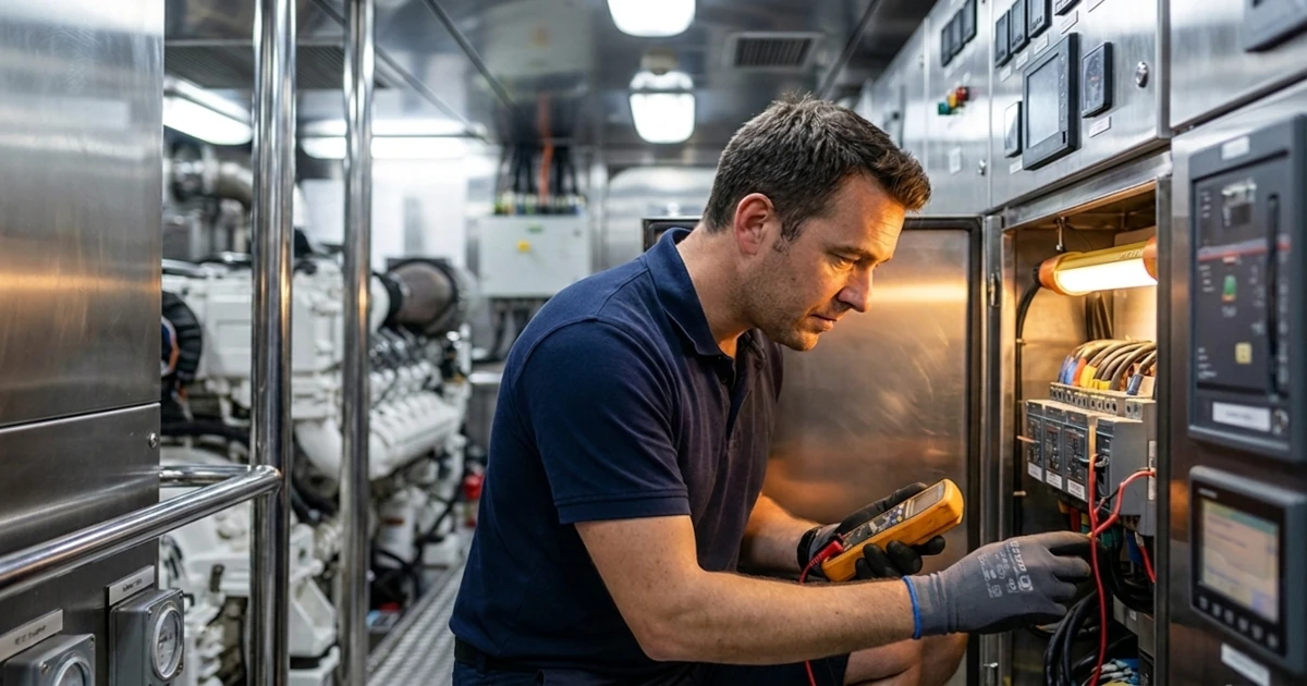 Electro-Technical Officer working on a superyacht high-voltage switchboard