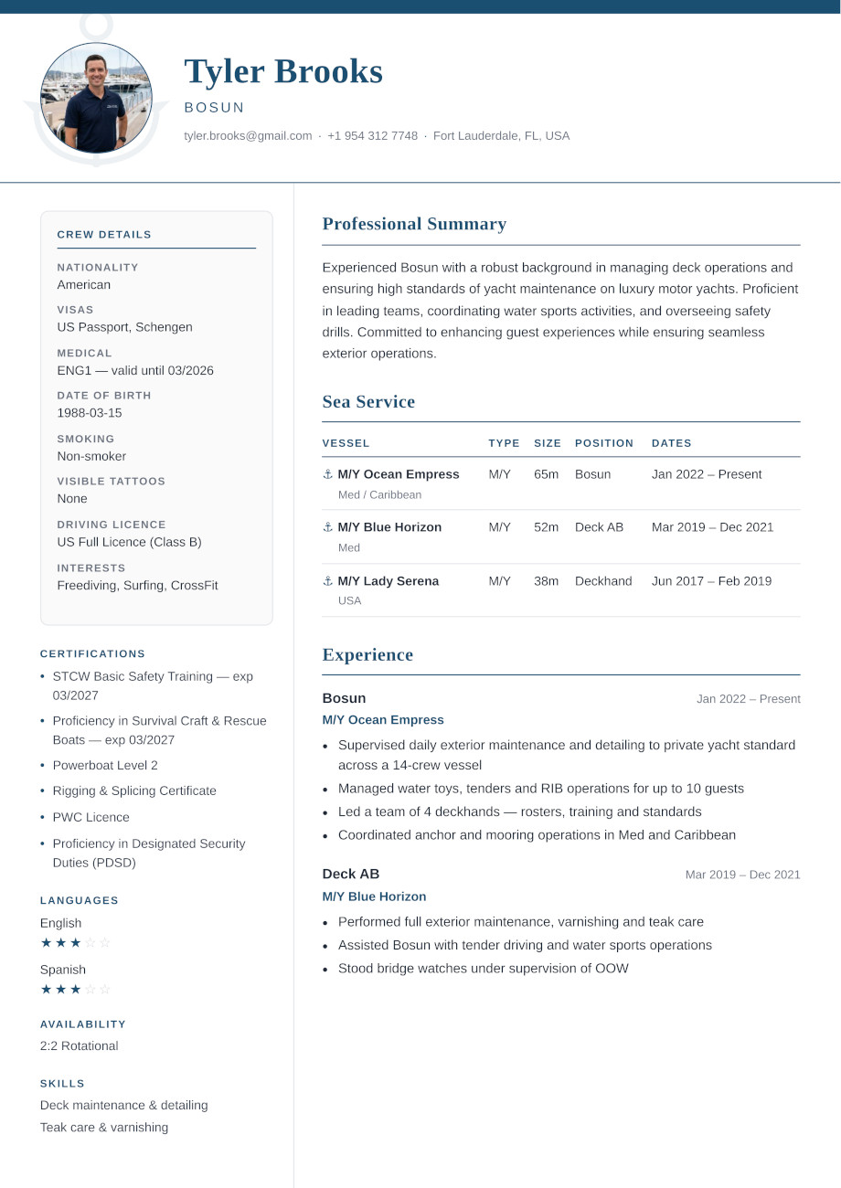 Yacht CV — Marina template